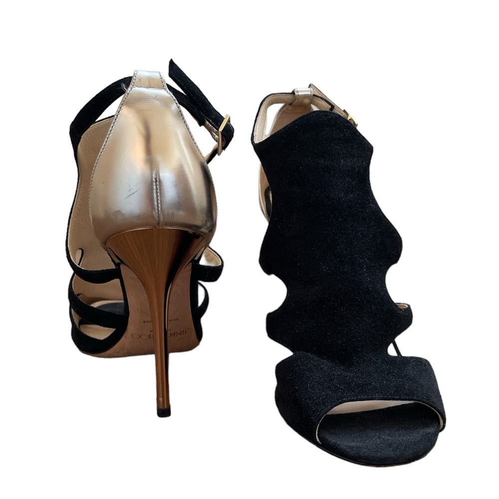 Jimmy Choo black suede cut out sandal heels with gold heel